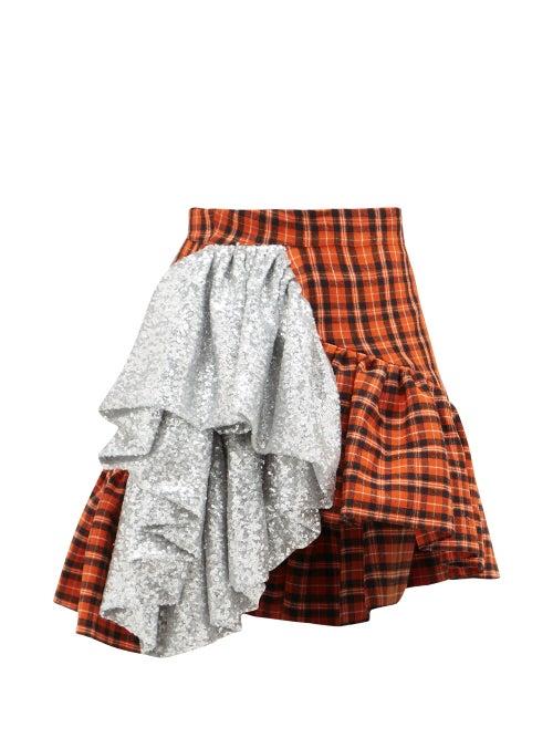 Matchesfashion.com Germanier - Sequin-ruffle Asymmetric Checked-cotton Mini Skirt - Womens - Silver Multi