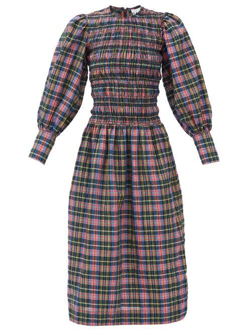 Ganni - Checked Seersucker Cotton-blend Dress - Womens - Black Multi