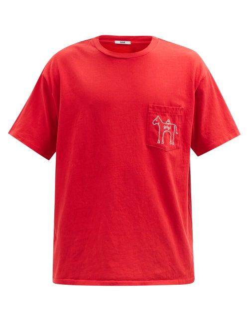 Bode - Doodle-embroidered Cotton-jersey T-shirt - Mens - Red