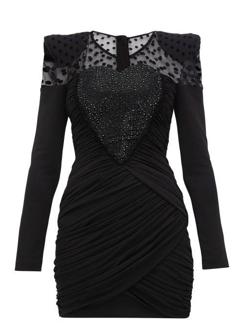 Matchesfashion.com Balmain - Polka Dot Crystal Heart Ruched Chiffon Mini Dress - Womens - Black
