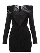Matchesfashion.com Balmain - Polka Dot Crystal Heart Ruched Chiffon Mini Dress - Womens - Black