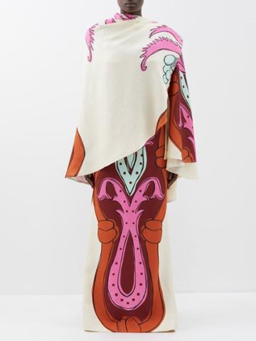 Johanna Ortiz - Flores De Alma-print Caped Jacquard Dress - Womens - Orange Print