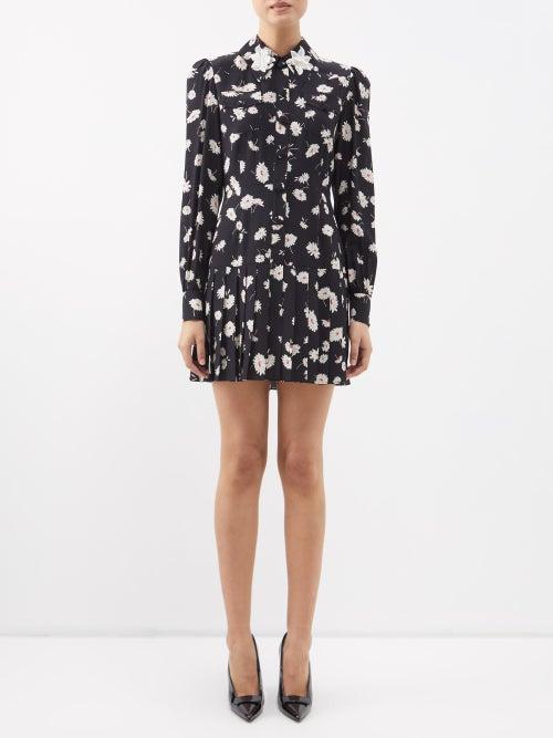 Alessandra Rich - Daisy-print Pleated Silk Mini Dress - Womens - Black