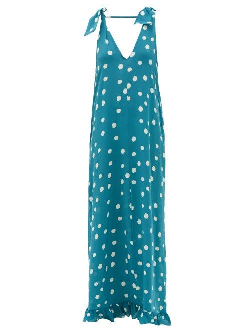 Matchesfashion.com Adriana Degreas - Ruffle Hem Polka Dot Silk Maxi Dress - Womens - Blue Print