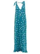Matchesfashion.com Adriana Degreas - Ruffle Hem Polka Dot Silk Maxi Dress - Womens - Blue Print
