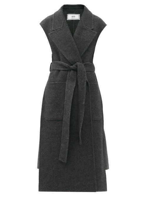 Matchesfashion.com Ami - Sleeveless Double-breasted Belted Wool Coat - Womens - Dark Grey