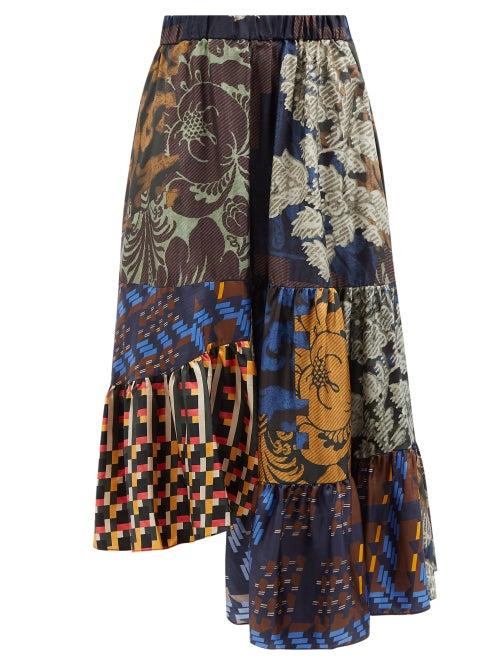 Biyan - Nirwana Patchwork Silk-twill Midi Skirt - Womens - Blue Multi