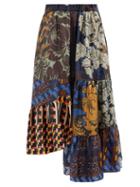 Biyan - Nirwana Patchwork Silk-twill Midi Skirt - Womens - Blue Multi