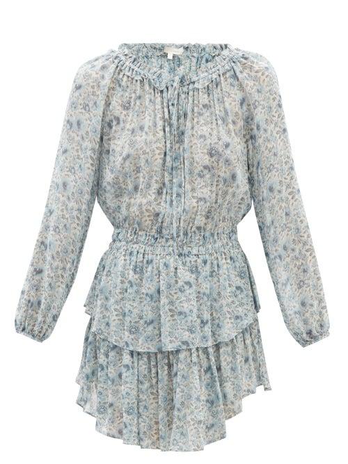 Loveshackfancy - Popover Drawstring Floral-print Mini Dress - Womens - Blue