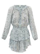 Loveshackfancy - Popover Drawstring Floral-print Mini Dress - Womens - Blue