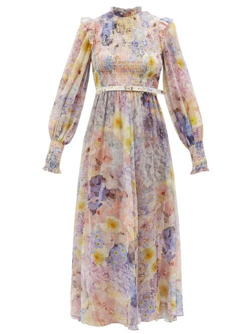 Zimmermann - Rhythmic Shirred Floral-print Midi Dress - Womens - Blue Print