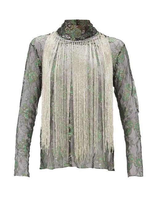 Matchesfashion.com Romance Was Born - Stardust Beaded Fringe Metallic Lace Top - Womens - Green Multi