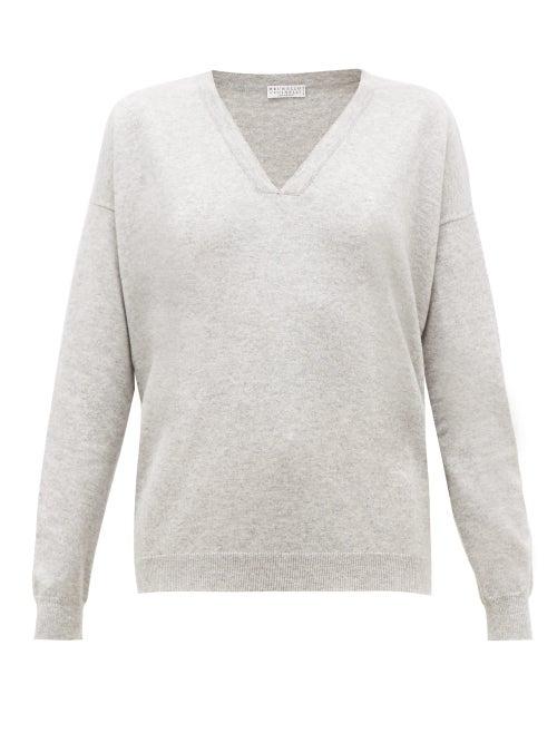 Matchesfashion.com Brunello Cucinelli - Bead-trimmed Cashmere Sweater - Womens - Light Grey