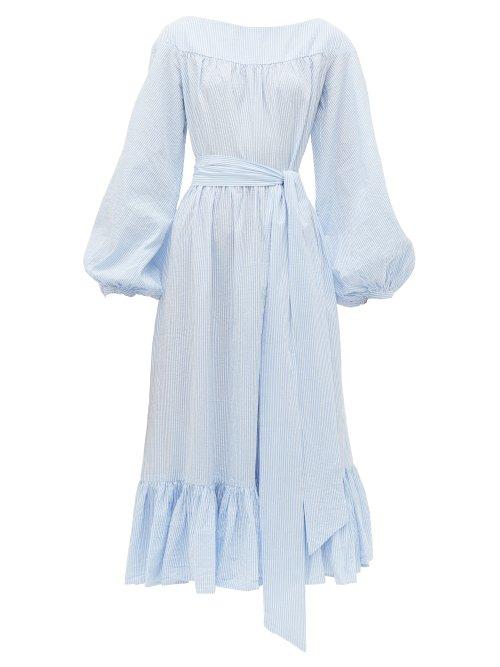 Matchesfashion.com Wiggy Kit - Veranda Striped Cotton Seersucker Midi Dress - Womens - Blue Multi