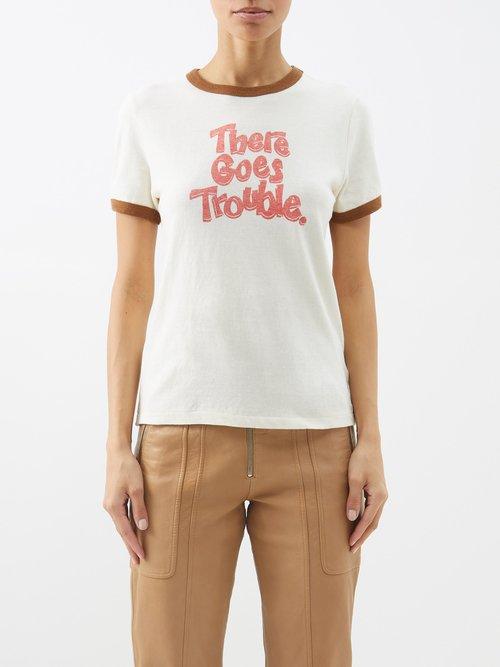 Re/done - There Goes Trouble-print Cotton T-shirt - Womens - White Multi