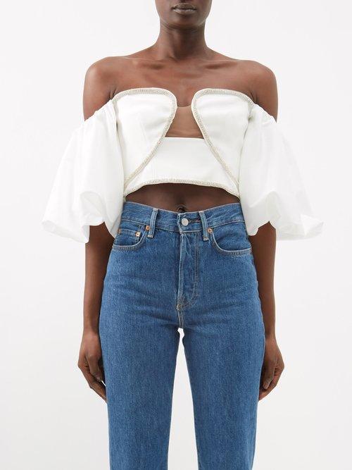 Self-portrait - Crystal-embellished Off-the-shoulder Crepe Top - Womens - White
