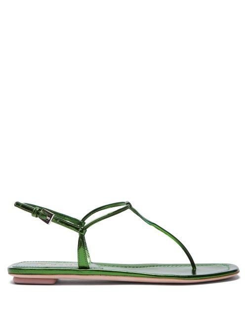 Matchesfashion.com Prada - Metallic Leather T Bar Sandals - Womens - Green