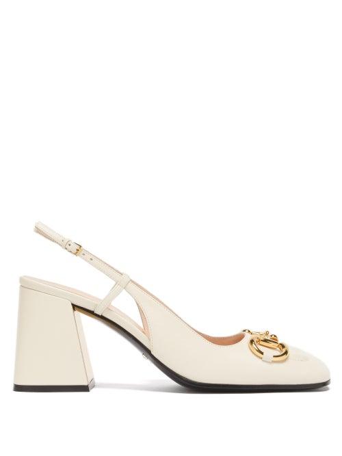 Matchesfashion.com Gucci - Horsebit Square-toe Leather Slingback Pumps - Womens - White