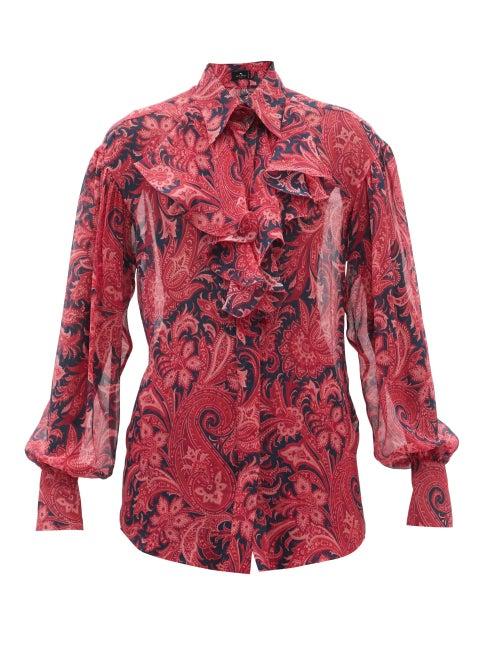 Ladies Rtw Etro - Sacramento Paisley-print Silk-chiffon Blouse - Womens - Red Print