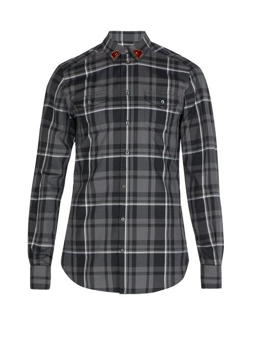 Matchesfashion.com Dolce & Gabbana - Heart Collar Plaid Cotton Shirt - Mens - Grey