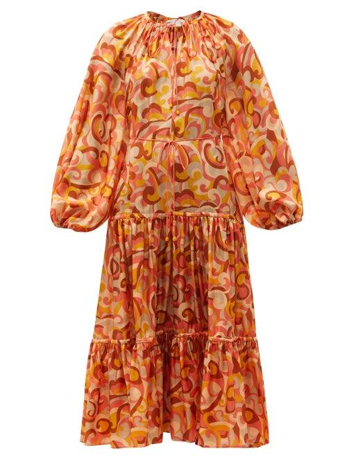 Matchesfashion.com Zimmermann - Mae Tiered Swirl-print Poplin Midi Dress - Womens - Orange Print