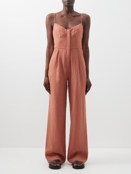 Three Graces London - Minnie Button-front Linen Jumpsuit - Womens - Tan