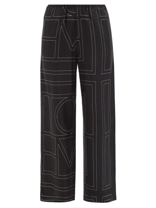 Ladies Rtw Totme - Monogram-embroidered Silk-twill Pyjama Trousers - Womens - Black