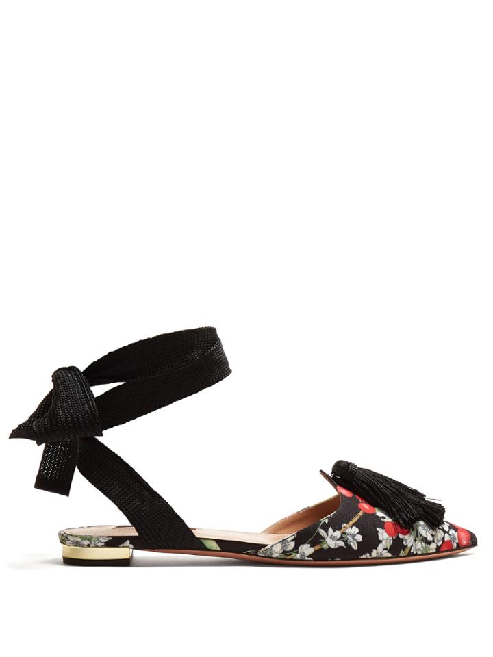 Aquazzura Love Tassel Cherry-blossom-print Flats