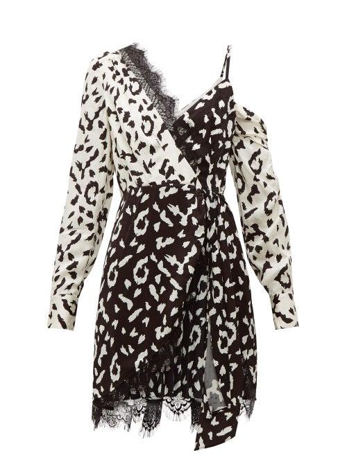 Matchesfashion.com Self-portrait - Leopard Print Asymmetric Satin Mini Dress - Womens - Black White