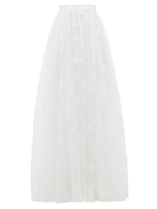 Matchesfashion.com Erdem - Lydell Floral-embroidered Organza Skirt - Womens - White