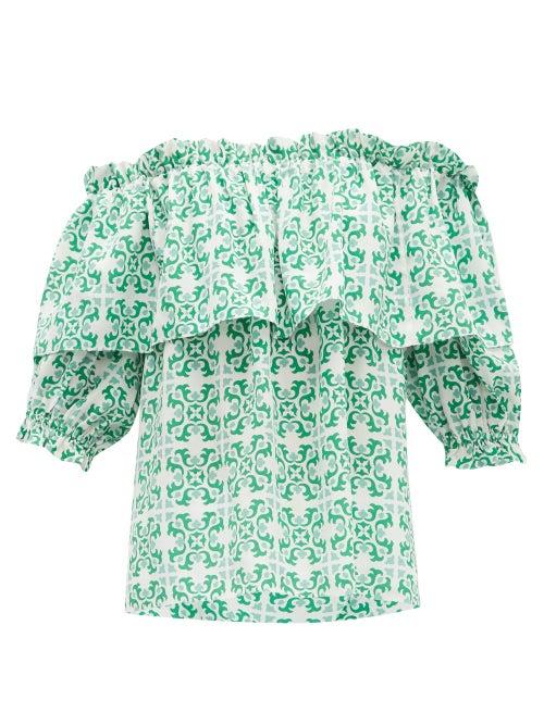 Matchesfashion.com Beulah - Ridhi Tile Print Off Shoulder Silk Top - Womens - Green