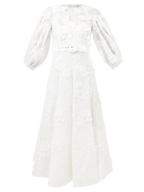 Zimmermann - Postcard Floral-appliqu Linen-blend Midi Dress - Womens - Ivory