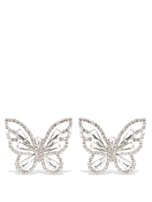 Alessandra Rich - Butterfly Crystal Clip Earrings - Womens - Silver