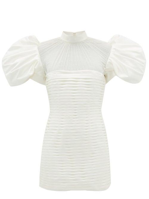 Matchesfashion.com Richard Quinn - Puff-sleeve Pleated Satin Mini Dress - Womens - Ivory