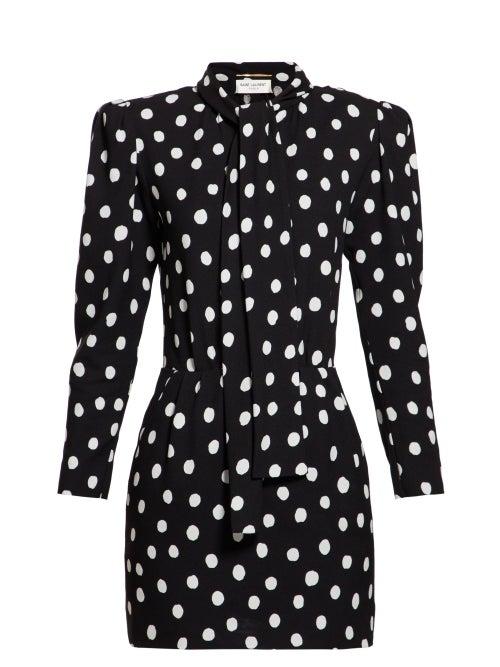 Matchesfashion.com Saint Laurent - Pussy Bow Polka Dot Crepe Mini Dress - Womens - Black White
