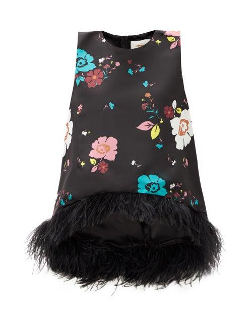 Matchesfashion.com La Doublej - La Scala Floral-print Feather-trimmed Silk Top - Womens - Black Multi