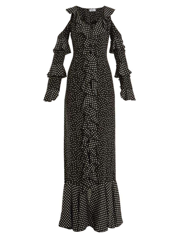 Raquel Diniz Ada Polka-dot Cut-out Shoulder Silk Gown