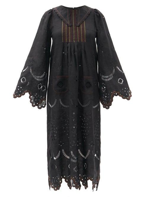 Matchesfashion.com Vita Kin - Victoire Embroidered Linen Midi Dress - Womens - Black