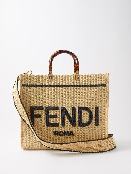 Fendi - Sunshine Embroidered-logo Raffia-woven Tote Bag - Womens - Black Beige