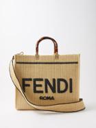 Fendi - Sunshine Embroidered-logo Raffia-woven Tote Bag - Womens - Black Beige