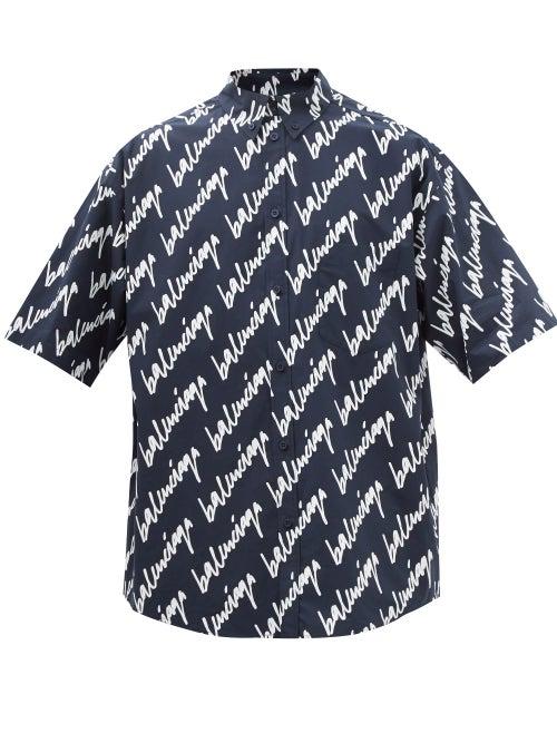 Balenciaga - New Scribble-print Poplin Short-sleeved Shirt - Mens - Navy White