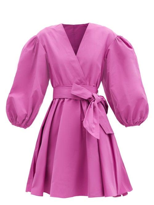 Matchesfashion.com Valentino - V-neck Puff-sleeve Cotton-blend Faille Mini Dress - Womens - Pink