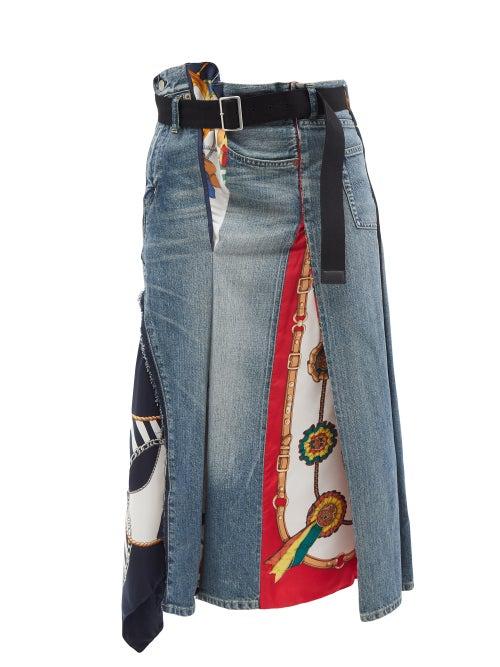 Junya Watanabe - Asymmetric Waist Denim And Silk Scarf Skirt - Womens - Mid Denim
