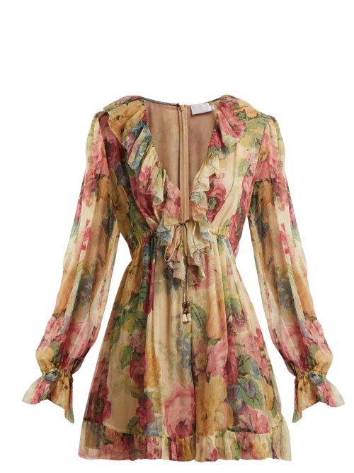 Matchesfashion.com Zimmermann - Melody Floating Floral Print Silk Playsuit - Womens - Beige Multi