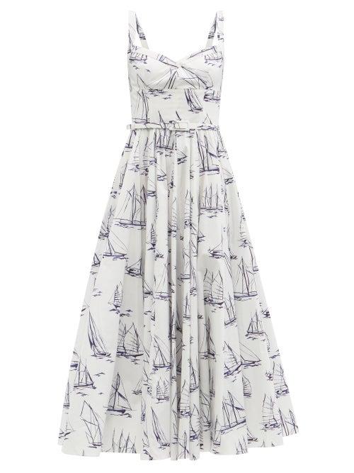Matchesfashion.com Emilia Wickstead - Elita Boat-print Cotton-poplin Midi Dress - Womens - Blue White