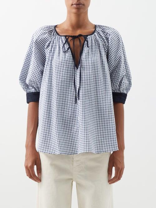 Lee Mathews - Olive Puff-sleeve Gingham Cotton-poplin Blouse - Womens - Navy