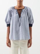 Lee Mathews - Olive Puff-sleeve Gingham Cotton-poplin Blouse - Womens - Navy