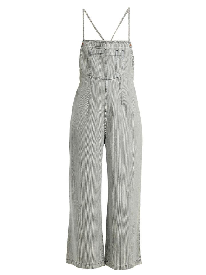 Bliss And Mischief Cross-back Wide-leg Striped Denim Jumpsuit