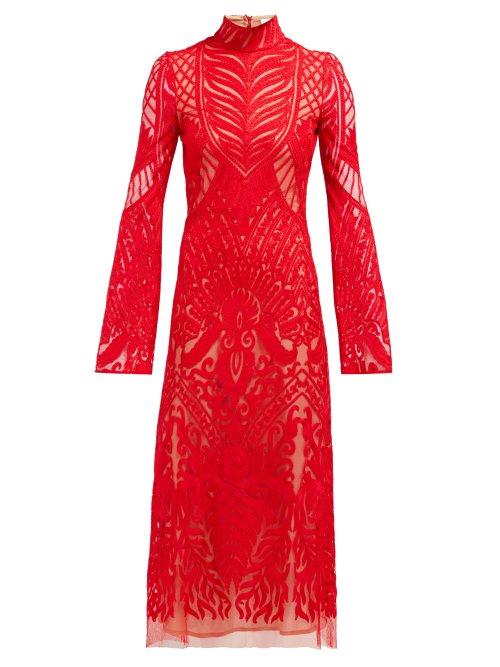 Matchesfashion.com Galvan - Oasis High Neck Embroidered Lace Dress - Womens - Red