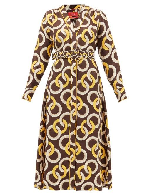 Matchesfashion.com F.r.s - For Restless Sleepers - Clizio Belted Chain-print Silk-satin Dress - Womens - Brown Multi